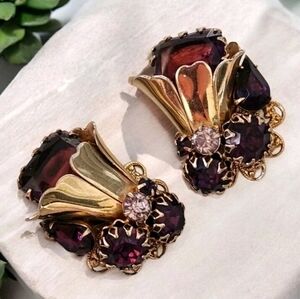 Vintage Large Purple Glass Rhinestone Flower Clip Earrings Gold Tone Statement